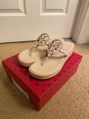 Tory Burch Miller Wedge T-Strap Sandals in Soft Pink with Logo Medallion